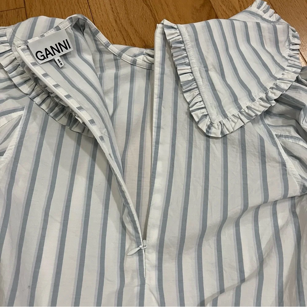 Ganni Blue and White Striped Balloon Sleeve Dress - Picture 6 of 12